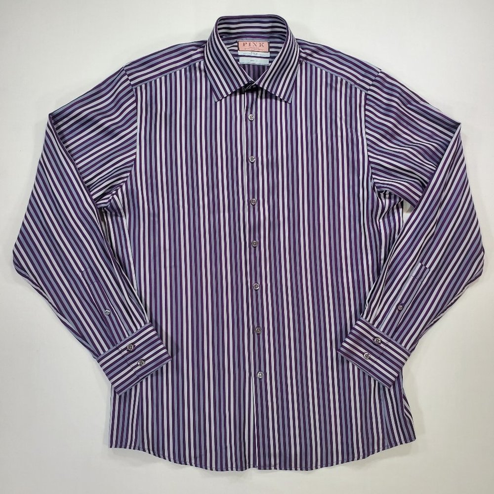 Thomas Pink Dress Shirt Mens 16.5 / 42 Purple Striped Slim Fit Formal Button Up